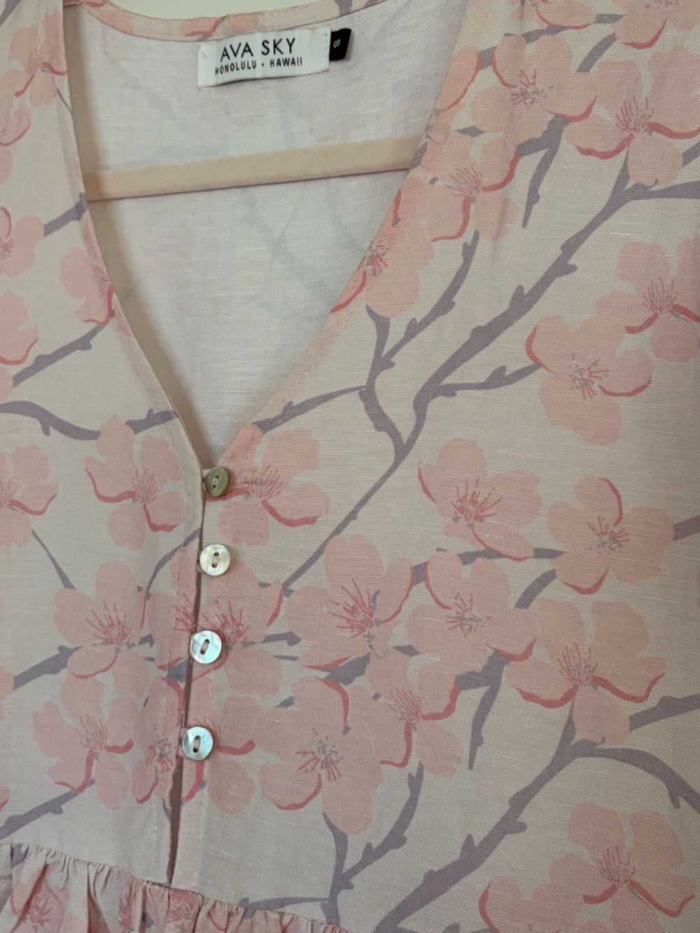 Ava Sky Pink Cherry Blossom V-Neck Button Front Dress - Picture 3 of 5
